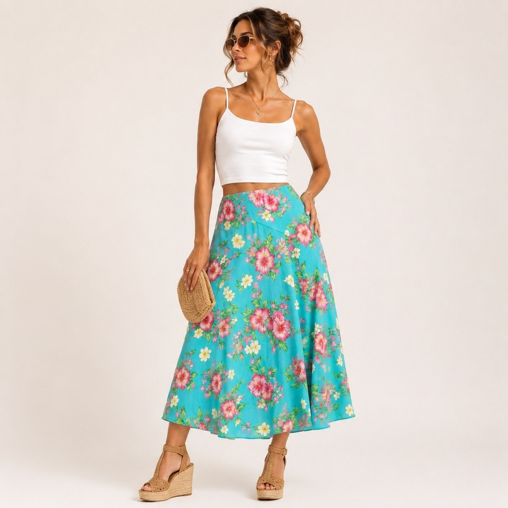 Ralph Lauren Silk Floral Maxi Skirt Turquoise Pink Hibiscus Vintage Resort 10